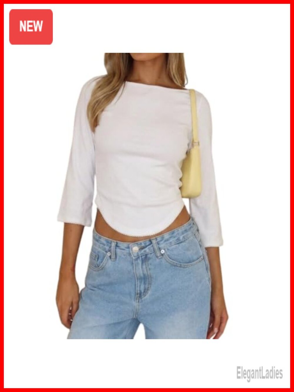 3/4 Sleeve Boat Neck Crop Top Y2K Picot Trim Tee for Going Out